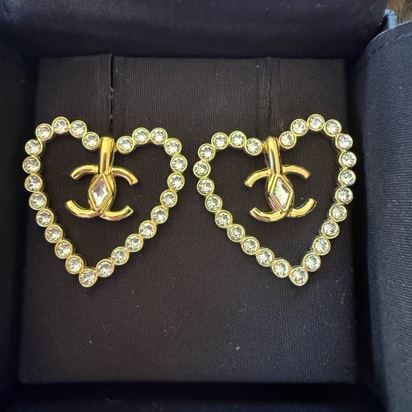 CHANEL Jewelry - CHANEL CC Logos Rhinestone Heart Stud Earrings Gold Tone L23C Auth w/Box #3331